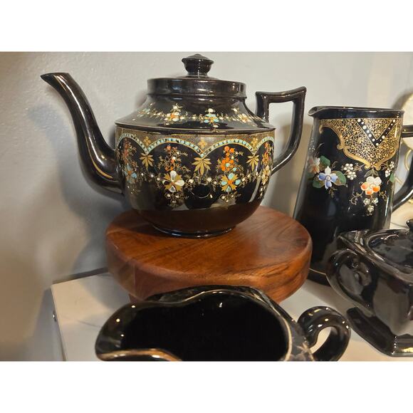 Antique Price Bros England Teapot Set – Hand-Painted Black Luster – 4-Piece Set - Picture 6 of 14